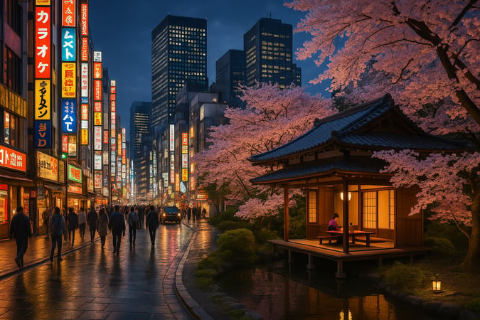 Bustling Tokyo street with neon signs, modern skyscrapers, traditional tea house, and cherry blossoms in harmony, perfect ...