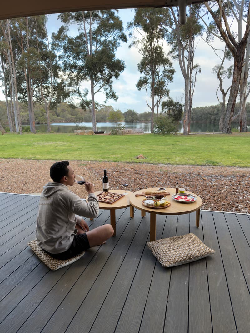 Wine and a grazing board on a deck by the lake, glamping, Margaret River