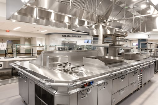 Large stainless steel cooking suite with integrated grill, fryer wells, storage drawers, and overhead ventilation in a modern cafeteria kitchen, with "Salad + Garden" station visible in the background.