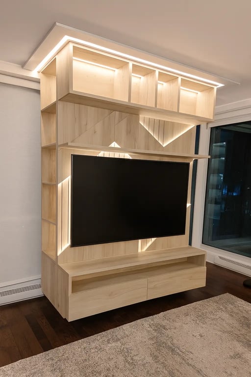 Unité murale TV sur mesure avec rangement intégré et gestion de câbles cachée à Montréal