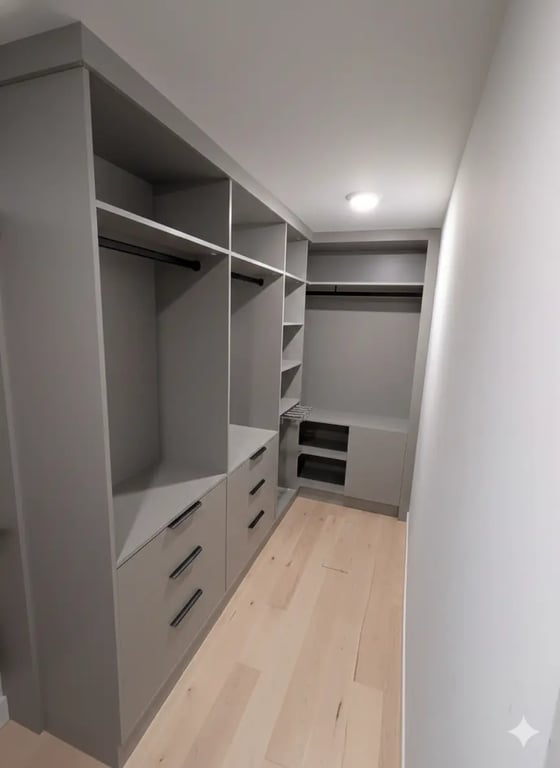 Garde-robe sur mesure avec banquette intégrée et étagères ouvertes, projet réalisé à Mont-Royal, Montréal.