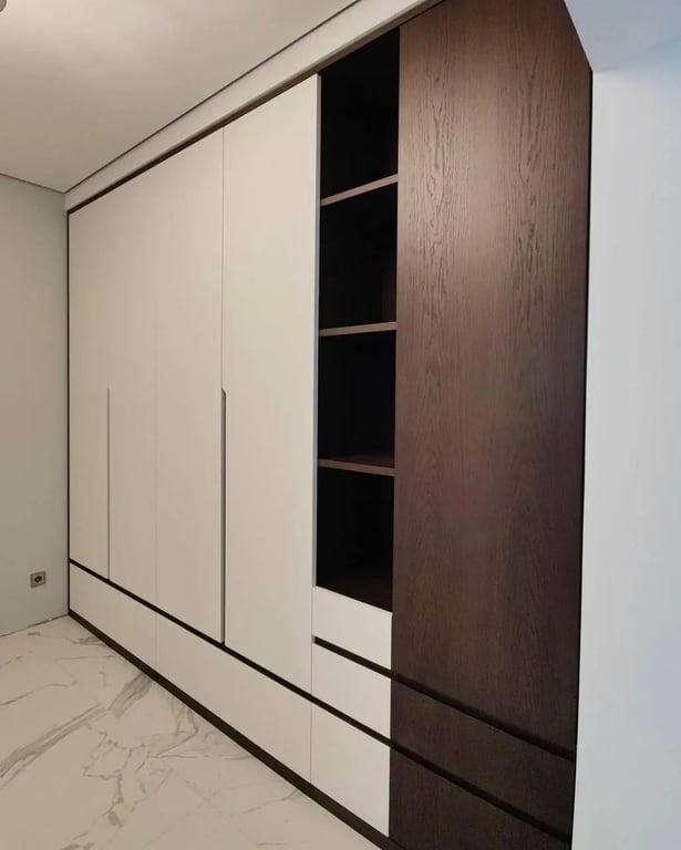 two-tone built-in wardrobe white and dark wood with open module