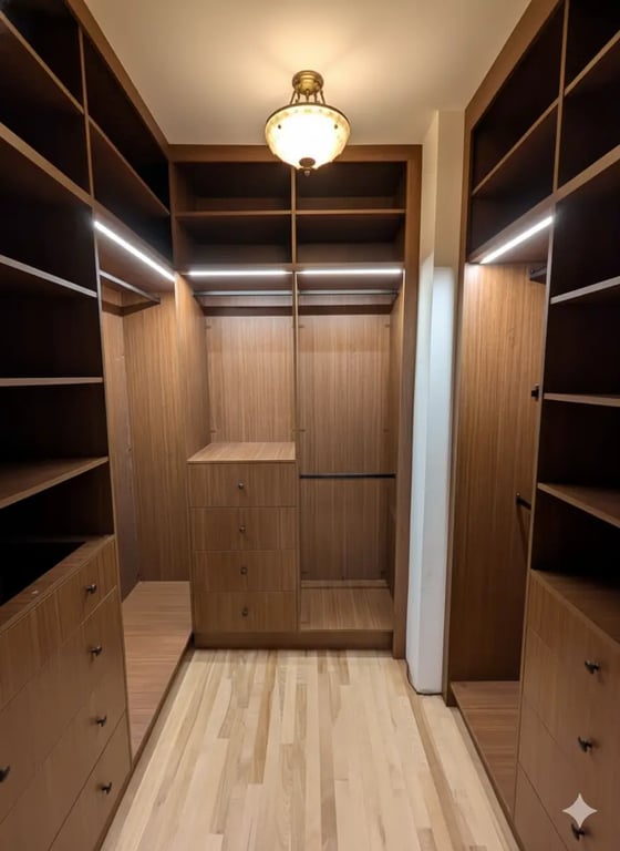 Walk-in de luxe sur mesure avec éclairage LED intégré et finitions sombres à Montréal, projet réalisé à Westmount.