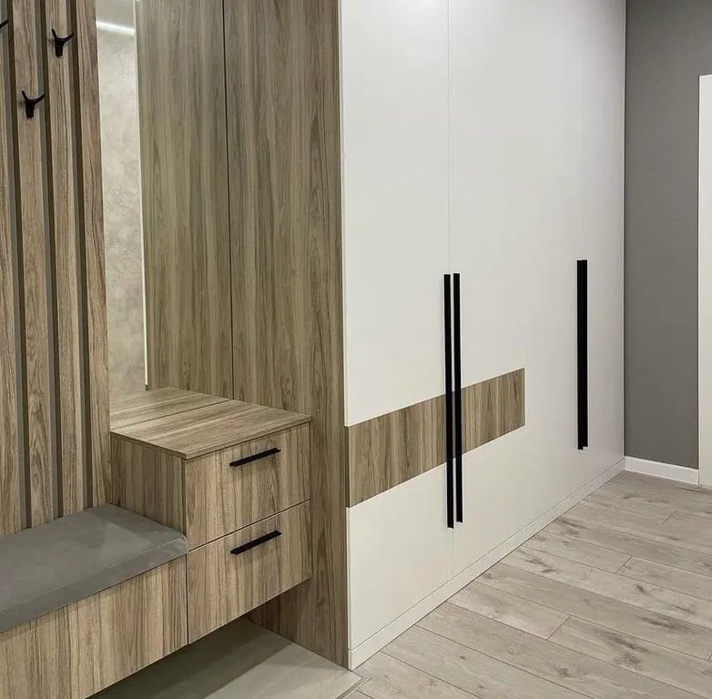 custom entry unit wood and white matte with bench and storage — HITO