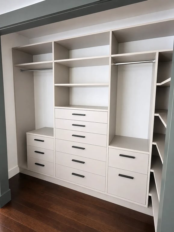 Garde-robe intégrée sur mesure avec 12 tiroirs et étagères ouvertes, projet réalisé à Brossard, Rive-Sud de Montréal.