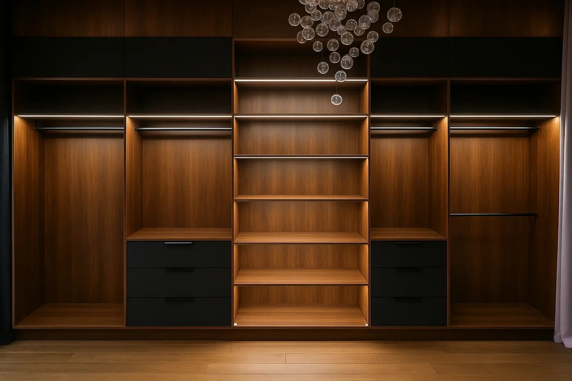 Walk-in sur mesure haut de gamme avec tiroirs noirs et éclairage LED — conçu par HITO à Montréal.
