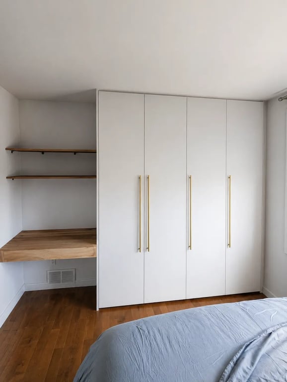 Garde-robe sur mesure blanche avec poignées dorées et coin bureau intégré, projet réalisé à La Prairie, Rive-Sud de Montréal.