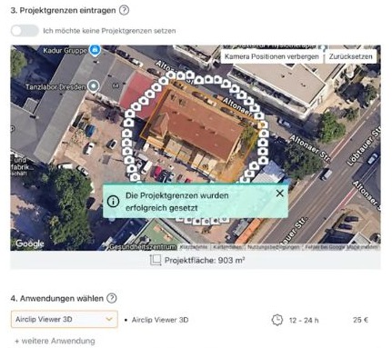 Airclip Cloud: Kreis der Aufnahmepunkte um ein Haus, Hinweis „Die Projektgrenzen wurden erfolgreich gesetzt“, Projektfläche 903 m², darunter Anwendung Airclip Viewer 3D mit Preis.