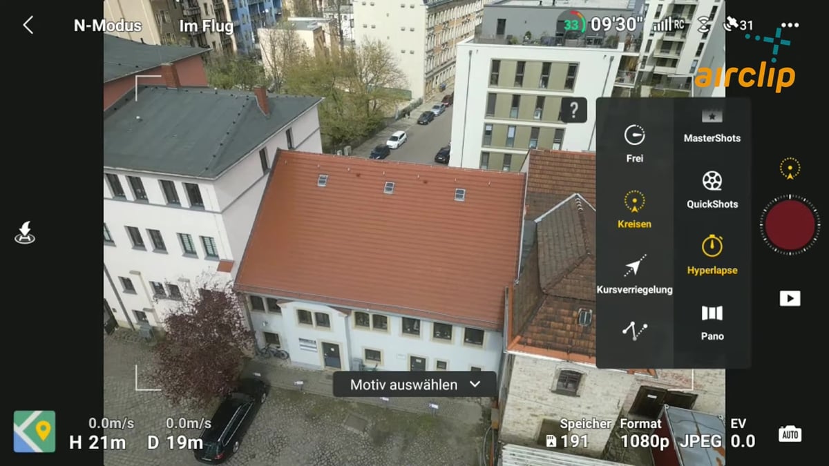 DJI Fly, Aufnahmemenü: Hyperlapse mit den Modi Frei, Kreisen und Kursverriegelung, Kreisen ist markiert.