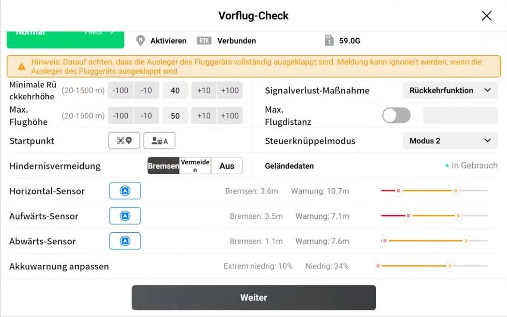 DJI Pilot 2, Vorflug-Check: RTK verbunden, minimale Rückkehrhöhe 40 m, maximale Flughöhe 50 m, Signalverlust-Maßnahme Rückkehrfunktion, Hindernissensoren und Akkuwarnung.