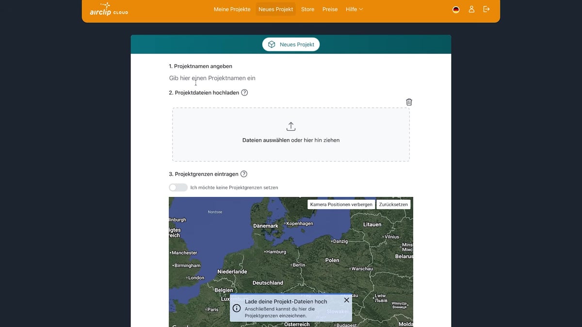 Airclip Cloud, Formular „Neues Projekt“ mit Projektname, Feld für die Projektdateien und Karte.