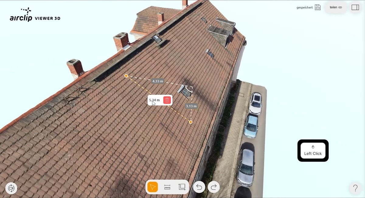 A measured line on a tiled roof: direct length 5.34 m, with the horizontal and vertical components shown as dashed lines.