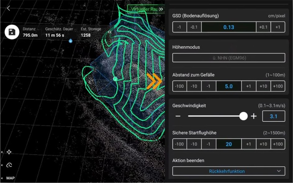 DJI Pilot 2, berechnete Smart-3D-Route um die Punktwolke, rechts Bodenauflösung 0,13 cm/Pixel, Abstand 5 m, Geschwindigkeit 3,1 m/s und Aktion beenden: Rückkehrfunktion.