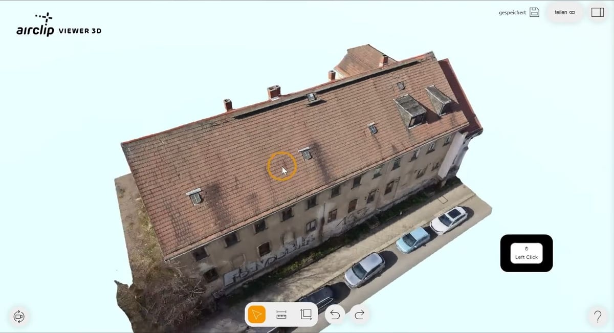 Airclip Viewer 3D mit einem Wohnhaus, unten die Werkzeugleiste: Auswählen, Strecke, Fläche, Rückgängig und Wiederholen.