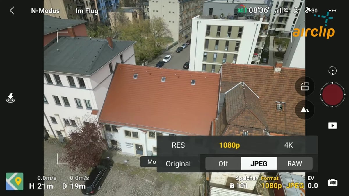 DJI Fly, Hyperlapse-Einstellungen: Zeile „Original“ mit Off, JPEG und RAW, JPEG ist gewählt.