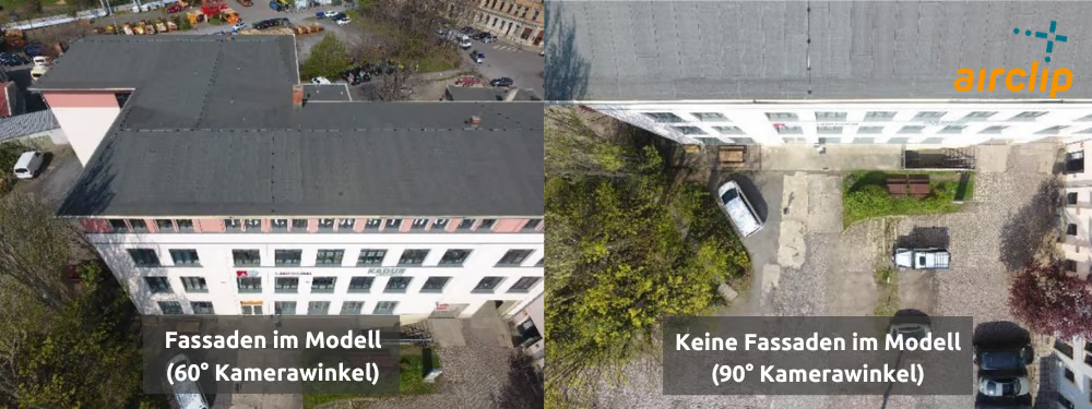Two drone photos of the same building. On the left taken at an angle, the roof and the white façade with its windows are visible. On the right straight down, only the roof and a thin strip of façade at the edge.