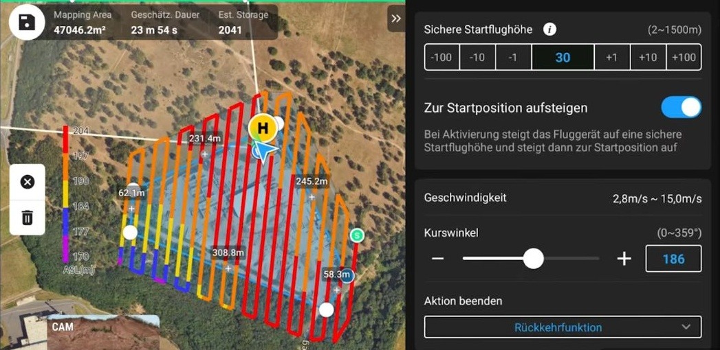 DJI Pilot 2, Route mit Höhenfarben, rechts sichere Startflughöhe 30 m, Geschwindigkeit, Kurswinkel 186° und Aktion beenden: Rückkehrfunktion.