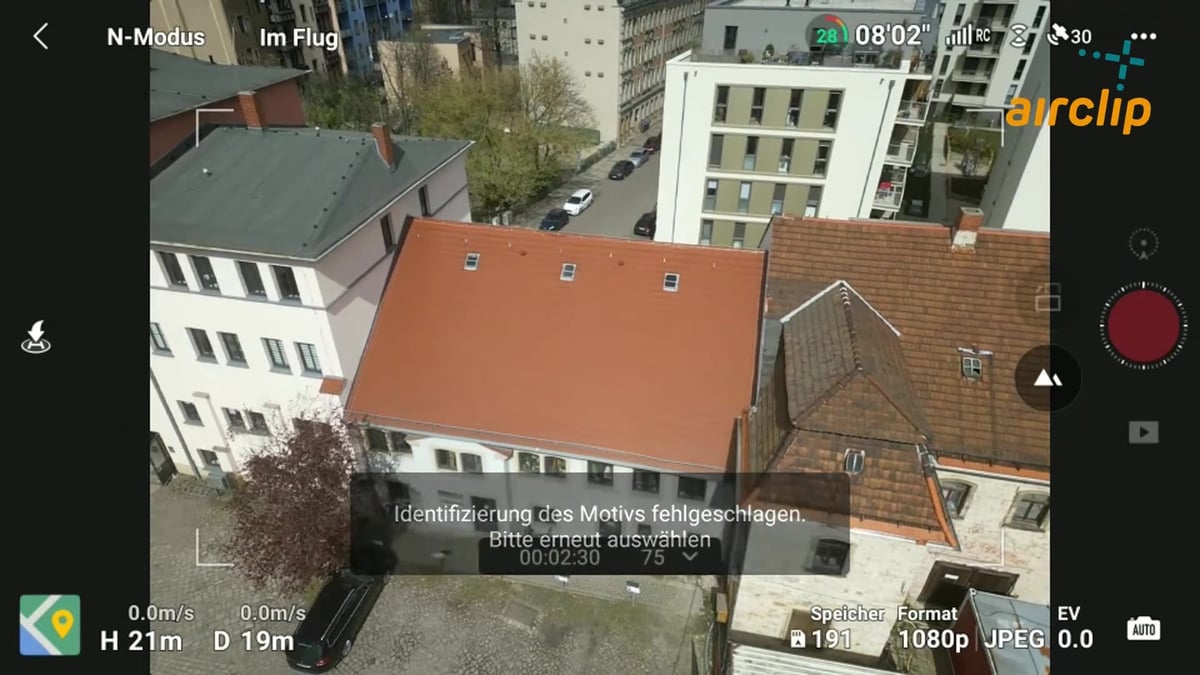 DJI Fly mit der Meldung „Identifizierung des Motivs fehlgeschlagen. Bitte erneut auswählen“.