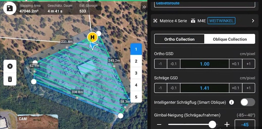 DJI Pilot 2, Routeneinstellungen: Oblique Collection, Ortho-GSD 1,00 cm/Pixel, Schräg-GSD 1,41, Smart Oblique aus, Gimbal-Neigung −45°.