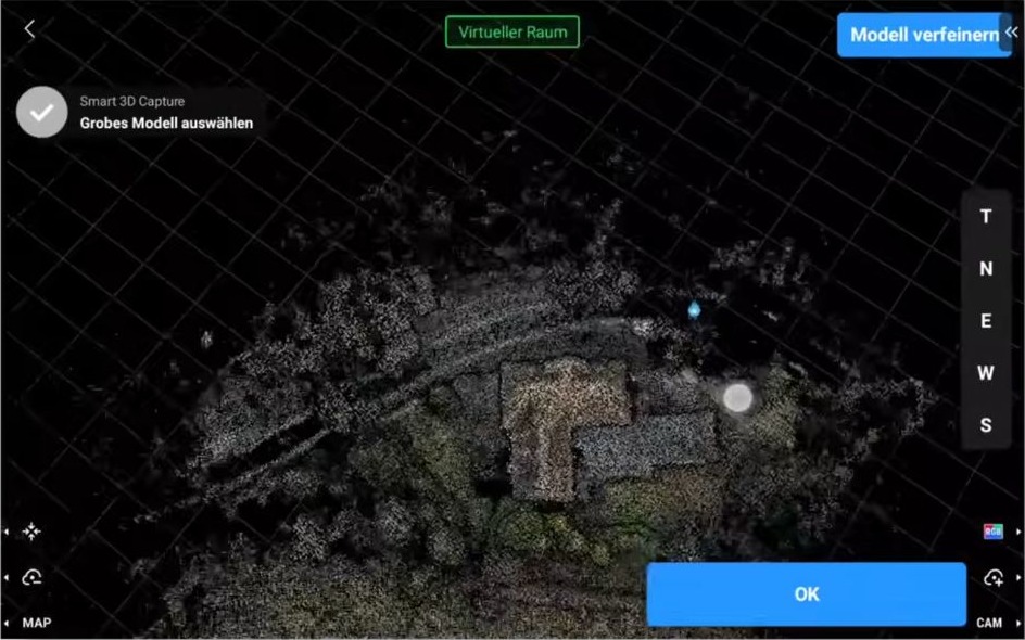 DJI Pilot 2, Smart 3D Capture: die grobe Punktwolke des Gebäudes in der Ansicht „Grobes Modell auswählen“, unten der Knopf OK.