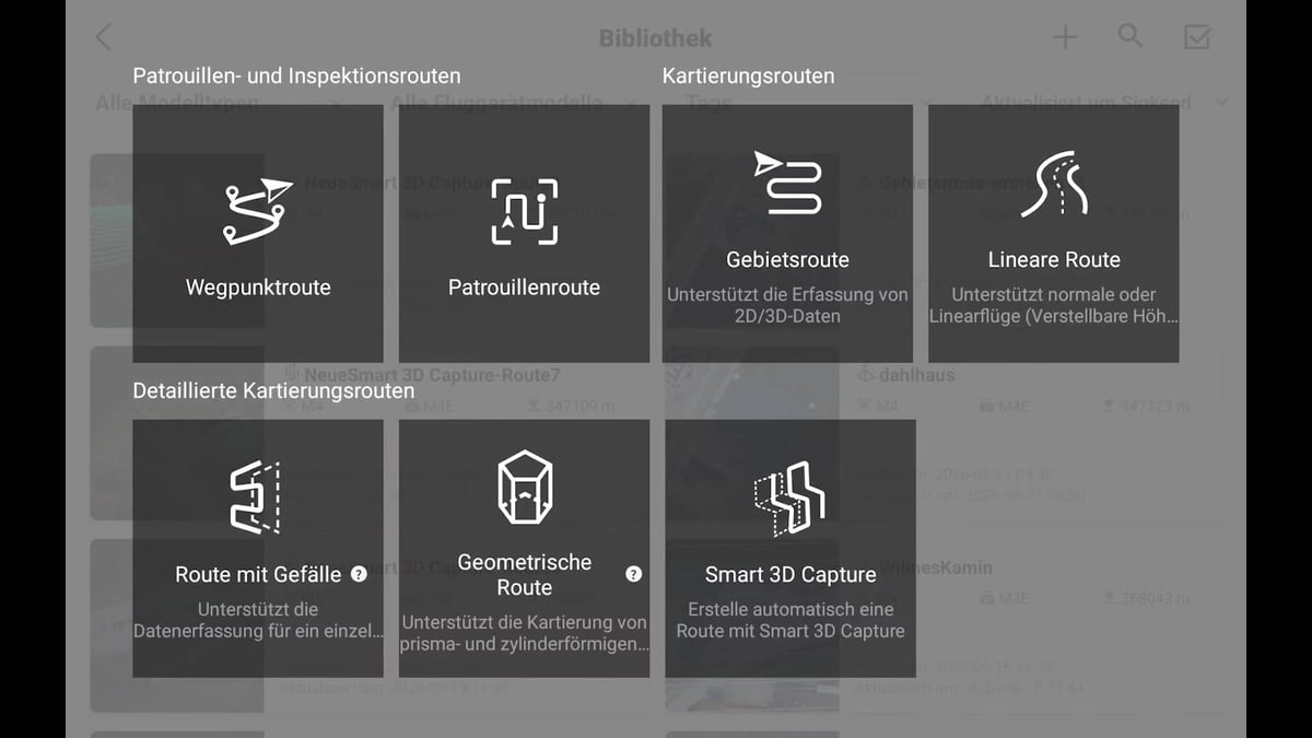 DJI Pilot 2, Auswahl der Routentypen: Wegpunktroute, Patrouillenroute, Gebietsroute, Lineare Route, Route mit Gefälle, Geometrische Route, Smart 3D Capture.