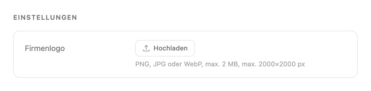 Profile in Airclip Cloud, German interface, section Einstellungen (Settings): the row Firmenlogo (company logo) with the button Hochladen (upload), underneath PNG, JPG oder WebP, max. 2 MB, max. 2000×2000 px.