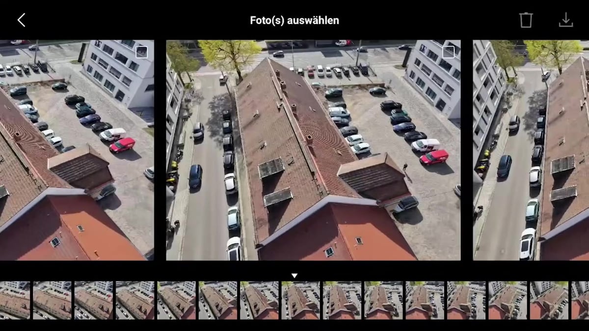 Galerie der Drohnen-App mit den Fotos des Kreisflugs, ein Bild groß, die übrigen als Leiste darunter.