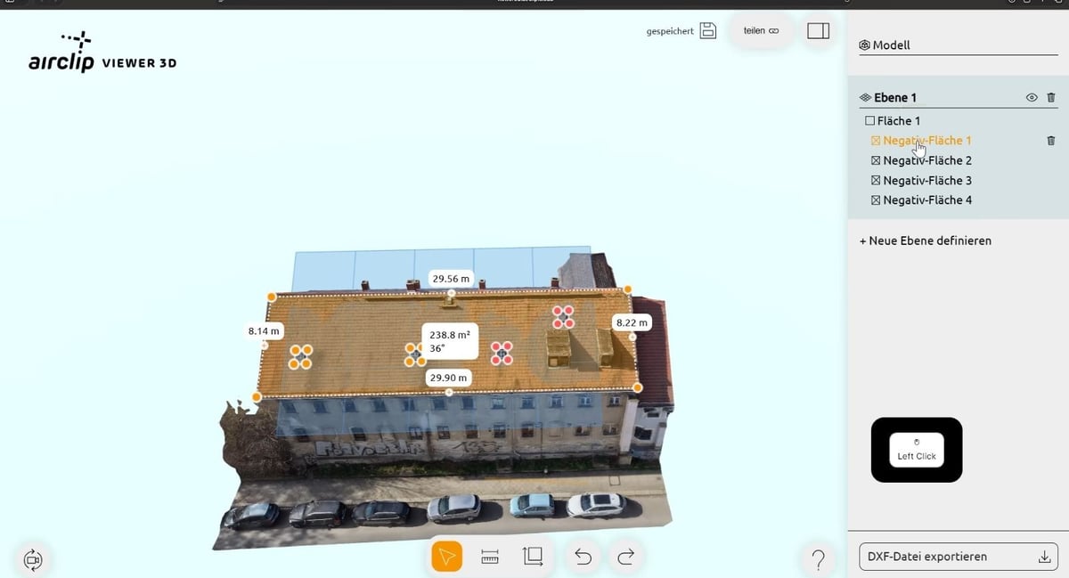Roof surface with windows and dormers marked in red, the total area shows 238.8 m², the side panel lists four Negativ-Fläche entries.