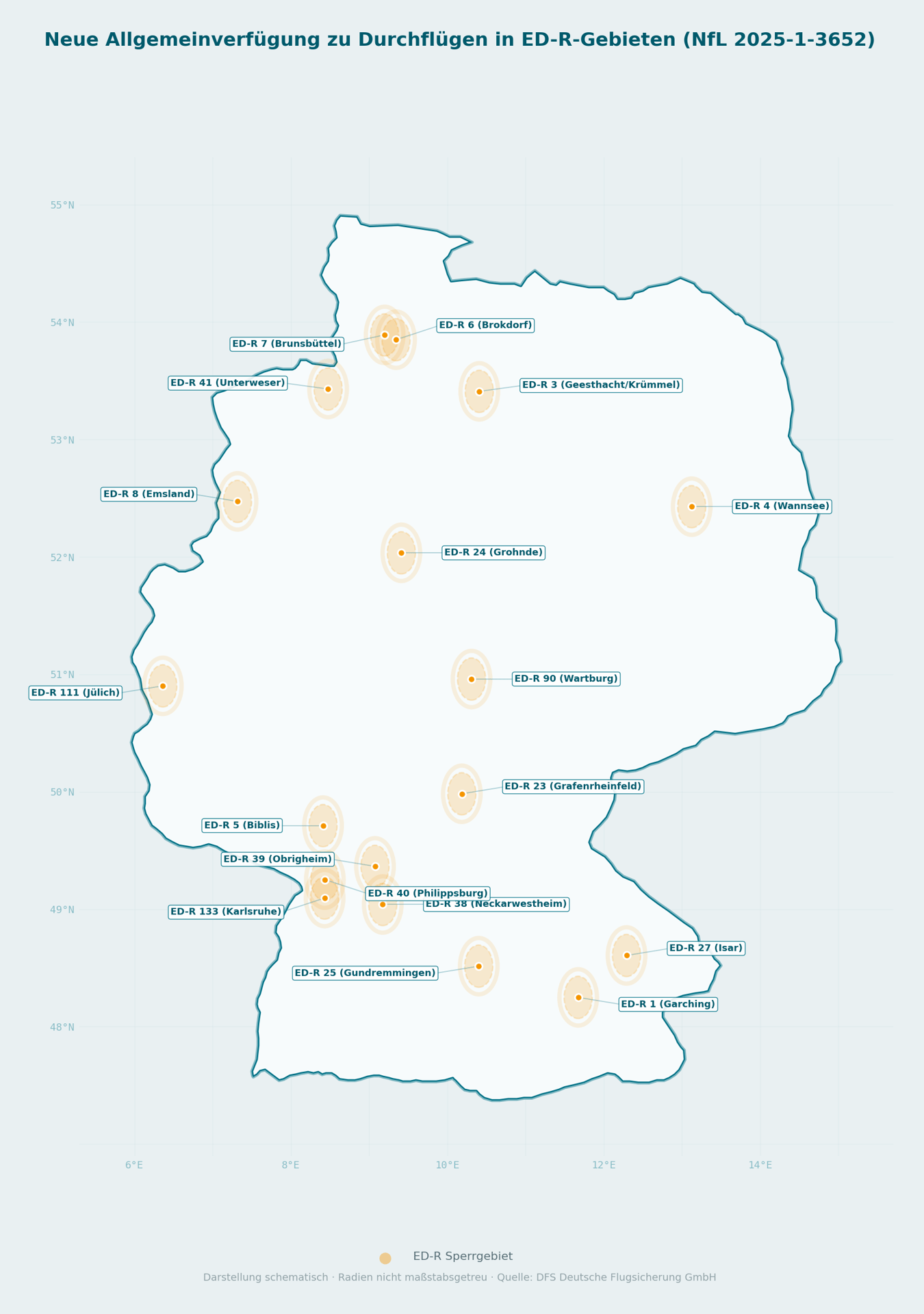 Karte der ED-R Flugbeschränkungsgebiete in Deutschland – Restricted Areas über kerntechnischen Anlagen