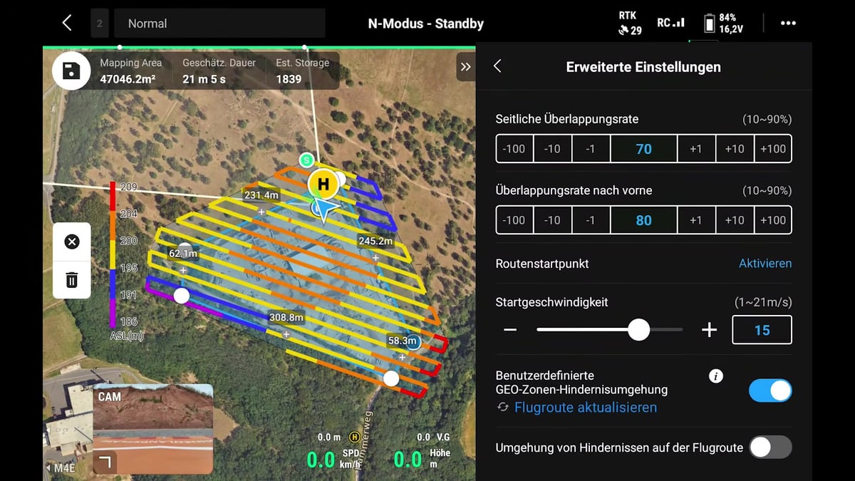 DJI Pilot 2, erweiterte Einstellungen: seitliche Überlappung 70, nach vorne 80, Routenstartpunkt, Startgeschwindigkeit.