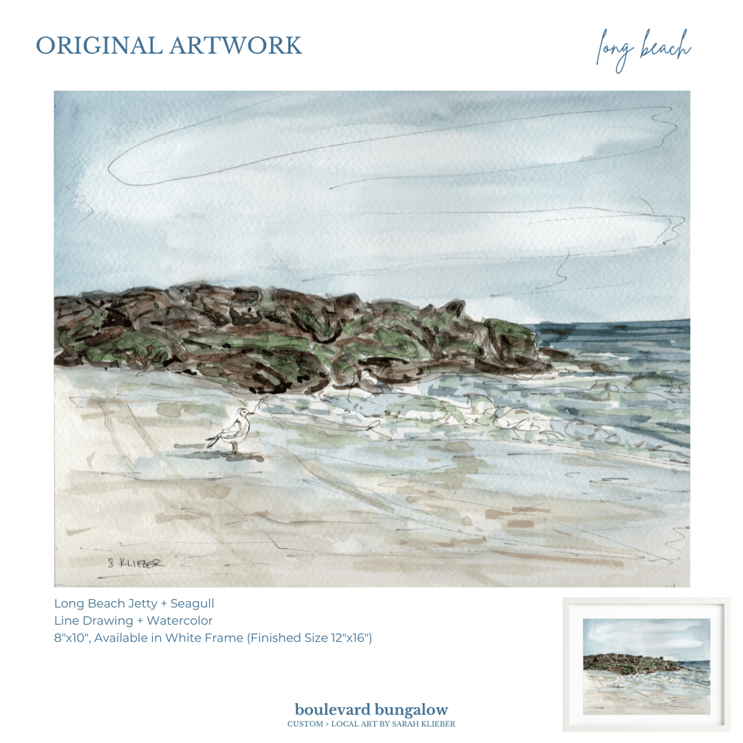 Long Beach Jetty and Seagull 8"x 10"