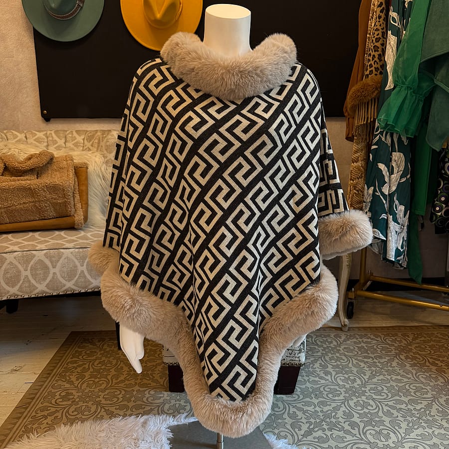 Faux Fur Trim Printed Poncho