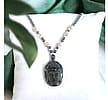 Black Onyx Buddha Head Necklace - Thai Carving with Goldstone & Onyx Beads