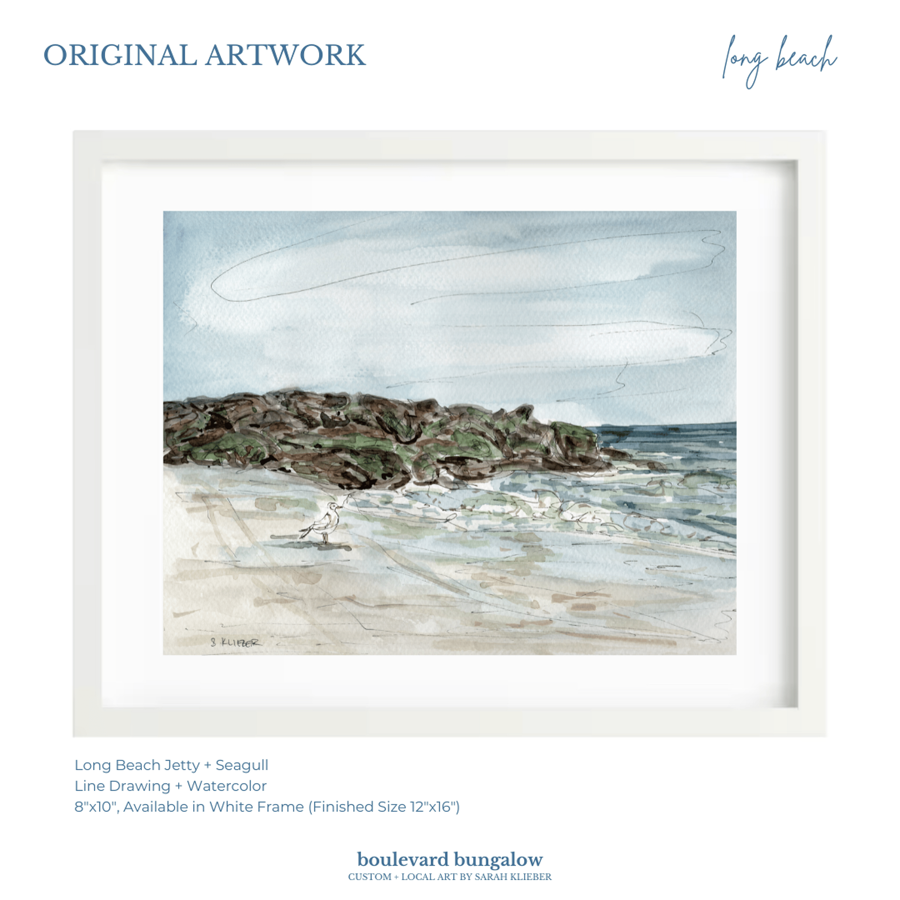 Long Beach Jetty and Seagull 8"x 10"