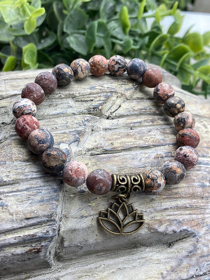 Leopard Jasper Stretch Bracelet | 8mm Beads | Bronze Charm