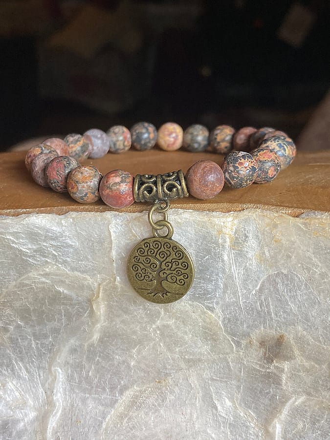 Leopard Jasper Stretch Bracelet | 8mm Beads | Bronze Charm