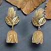 1950s Vintage Carved Angel Skin Coral Earrings with Gold Leaves in 14 karat yellow gold