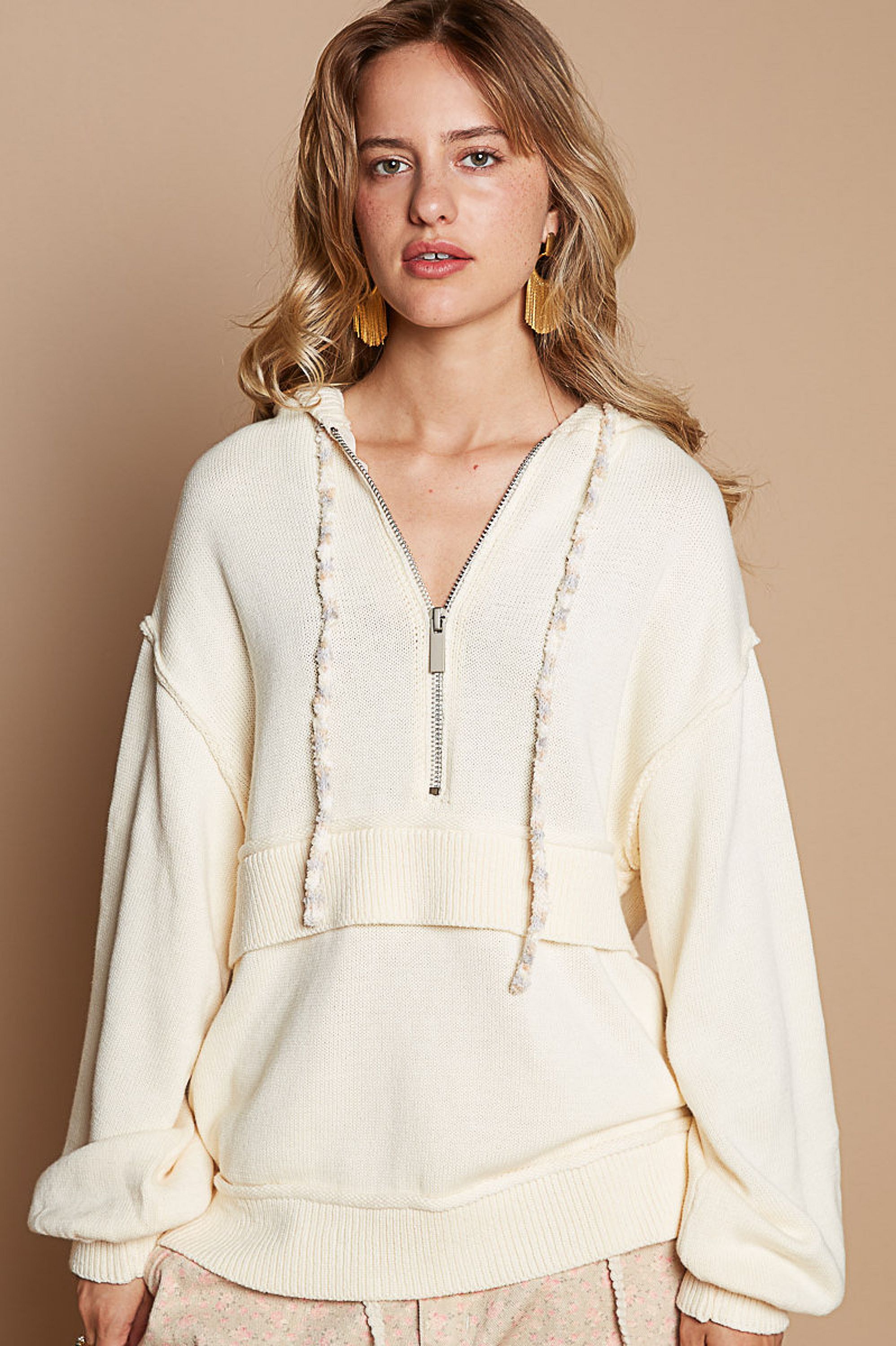 Cream Half Zip Hoodie Sweater