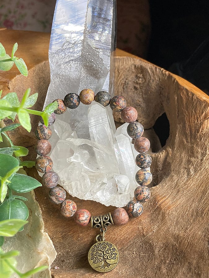 Leopard Jasper Stretch Bracelet | 8mm Beads | Bronze Charm