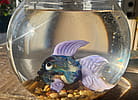Hand-sculpted borosilicate glass lavender and multicolored Forever Fish with bowl