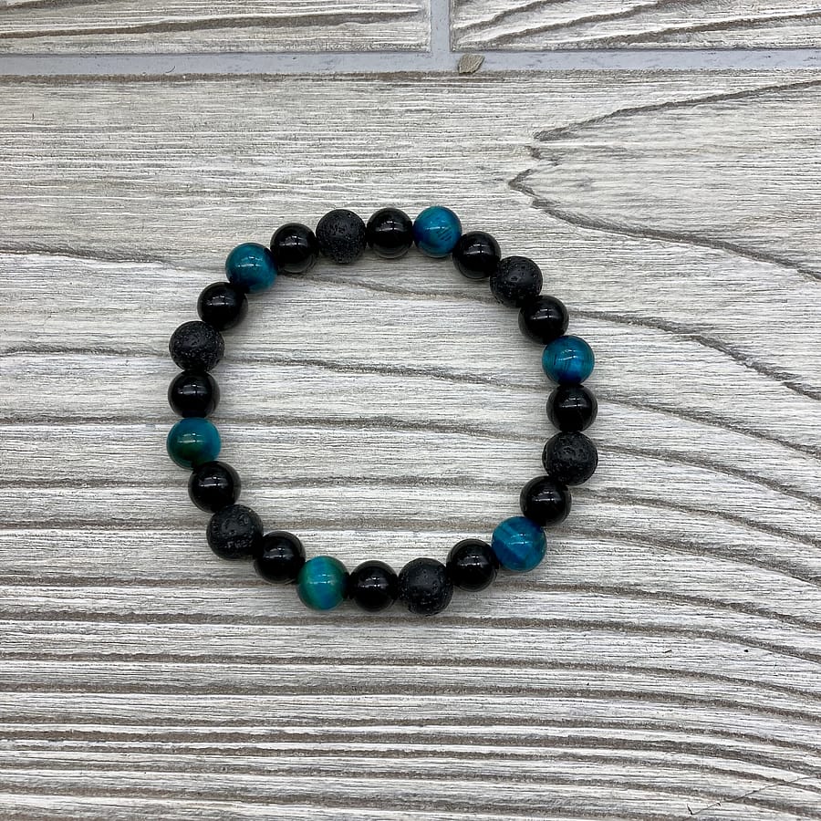 Triple Protection Gemstone Stretch Bracelet | Lava, Black Obsidian, Tiger's Eye