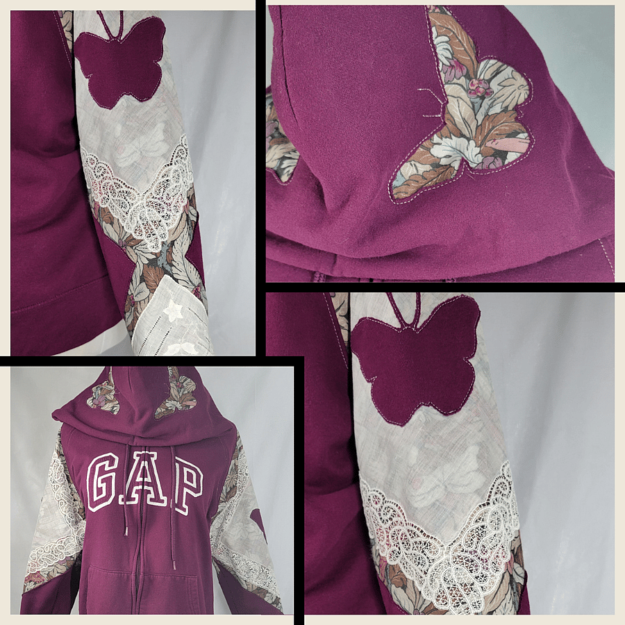 Up-Cycled Women’s Zip Up Hoodie – Butterfly Lace - XS