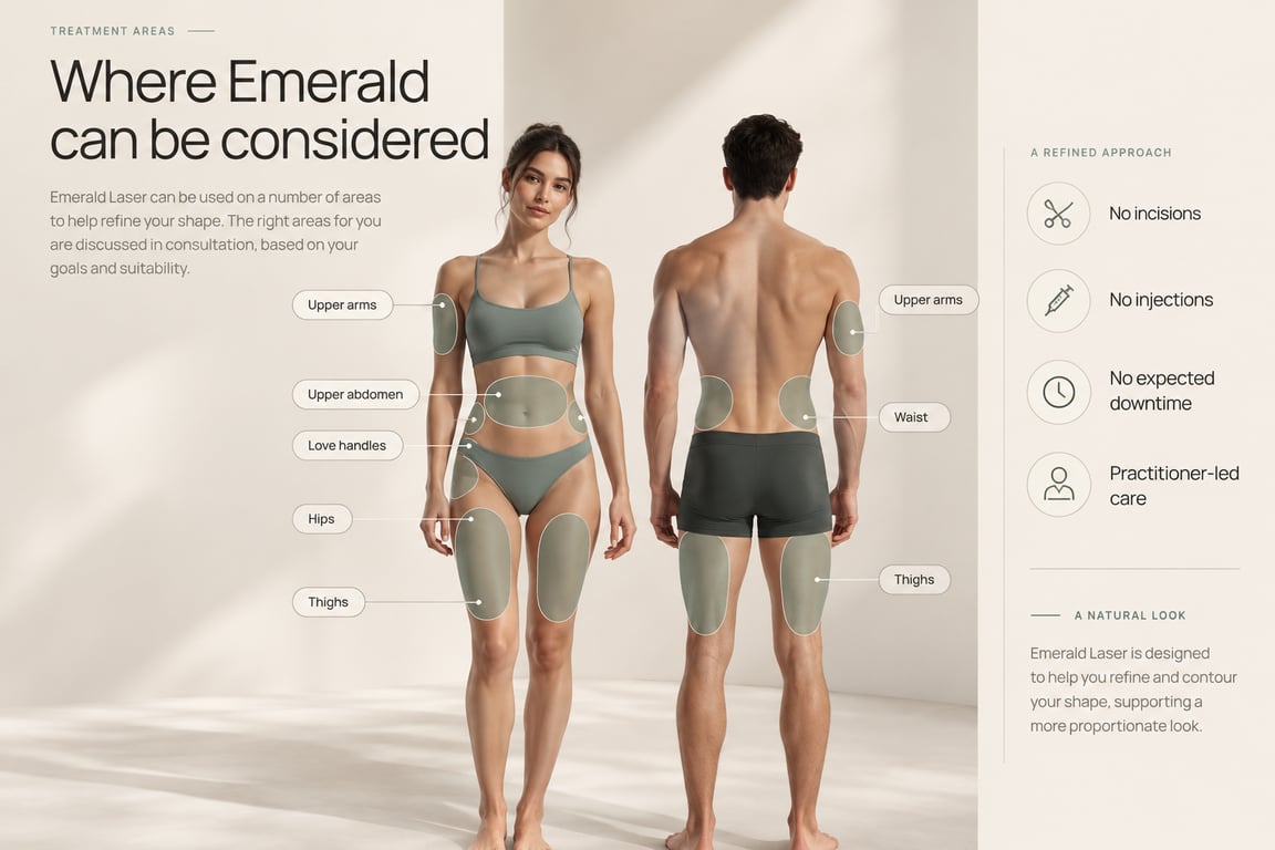 Illustrated guide to where Emerald Laser can be considered. The figures are not Aevum patients or treatment results. The wide image labels upper abdomen, waist, love handles, hips, thighs and upper arms, and includes lines about refining your shape, no incisions, no injections, no expected downtime, practitioner-led care and a more proportionate look. The phone image is titled Where Emerald can be used and also labels the buttocks and the back of the thighs.