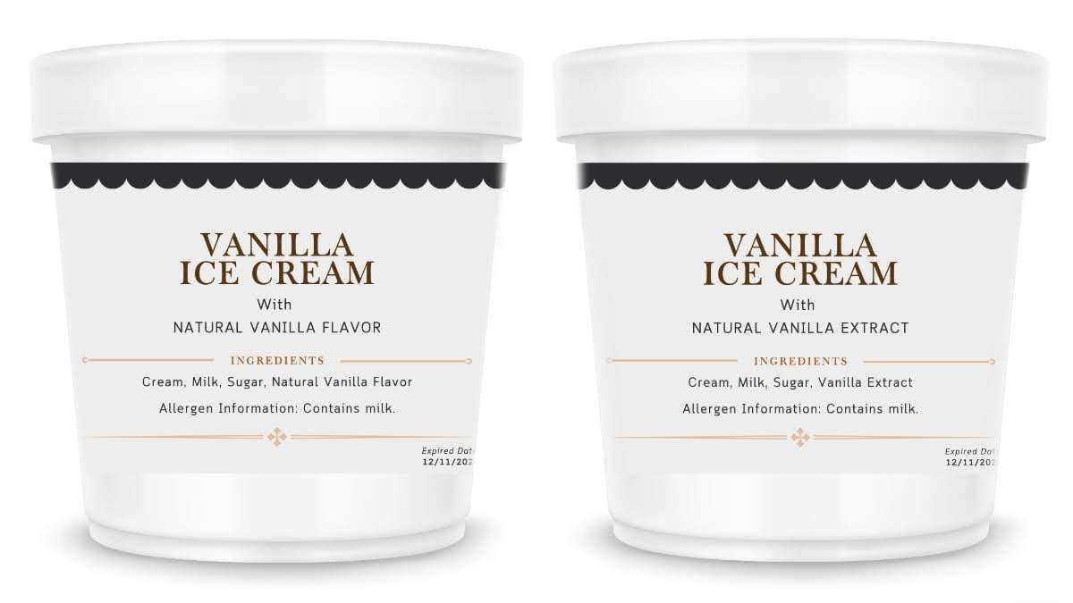 A comparison of two ice cream tubs, one with natural flavor and another with real extract