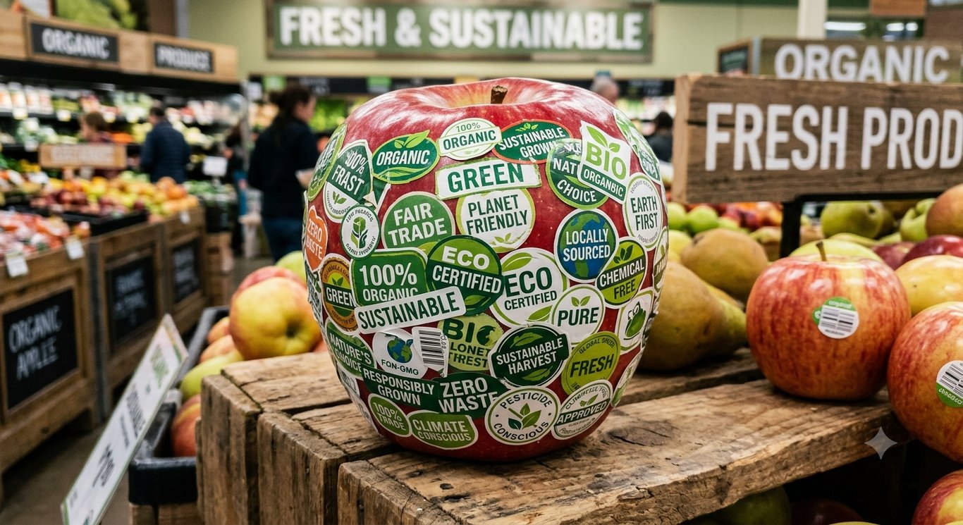 An apple covered in overlapping sustainability claims, illustrating consumer sticker fatigue.