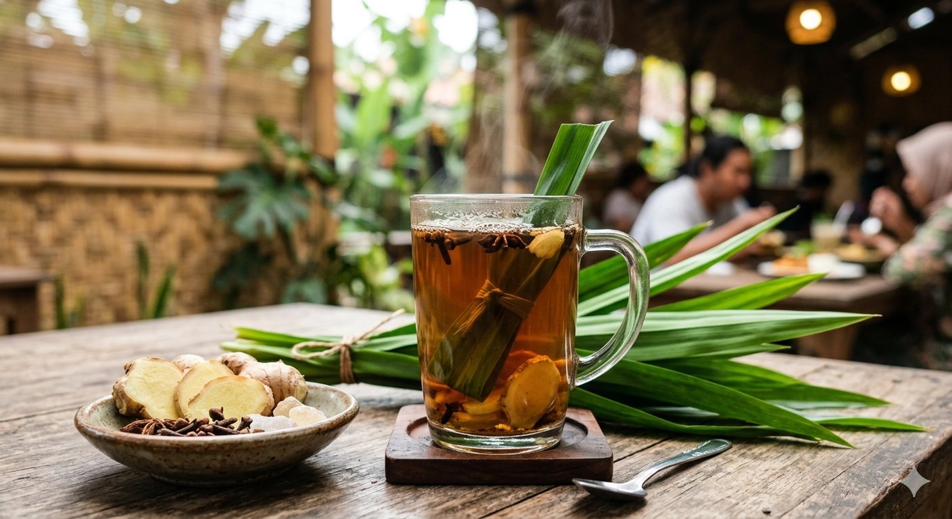 A traditional glass of Wedang Jahe, the ultimate ginger and pandan wellness elixir.