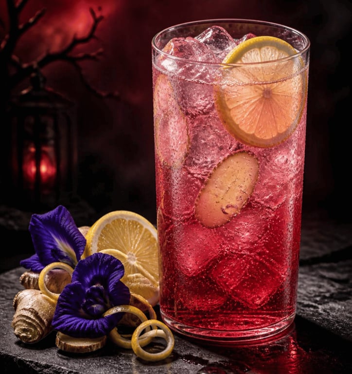 Refreshing and Functional Crimson Drink with Butterfly Pea, Ginger, and Lemon