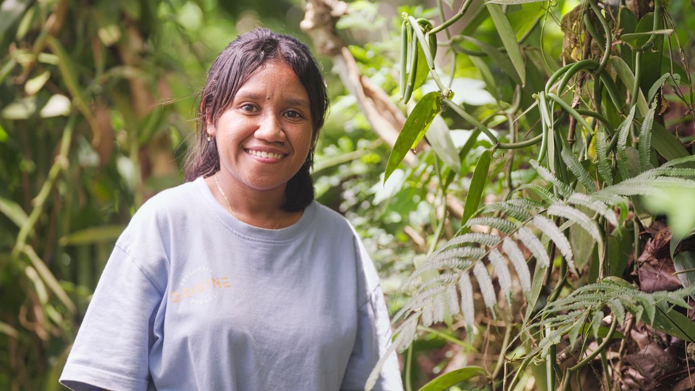 Tripper agricultural field partner examining vanilla pod development.