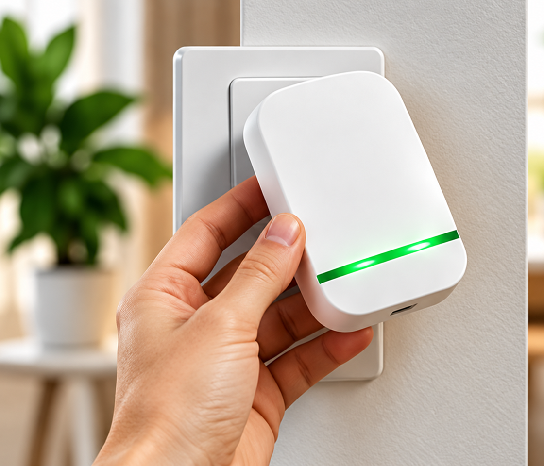 Hand plugging Wattimax into a wall socket