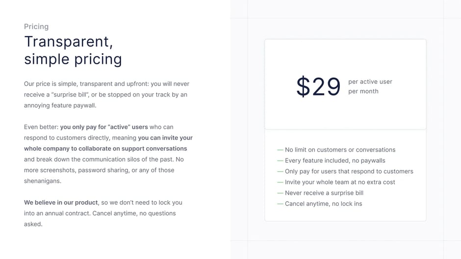 Transparent, simple pricing at $29 per active user monthly